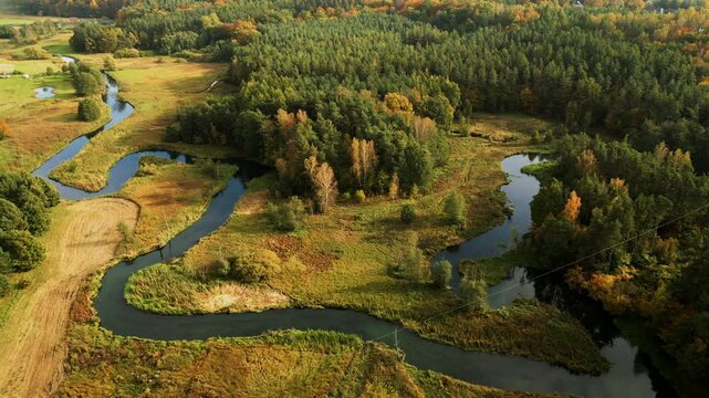 Aerial view over Radunia River meanders during autumn, Kashubia. Poland