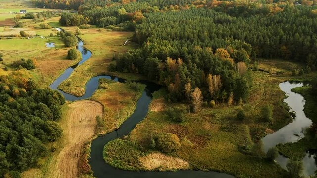 Aerial view over Radunia River meanders during autumn, Kashubia. Poland