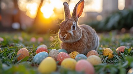 Cute bunny rabbit sitting amongst colorful Easter eggs in a grassy field at sunset.