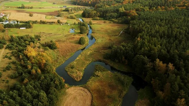 Aerial view over Radunia River meanders during autumn, Kashubia. Poland