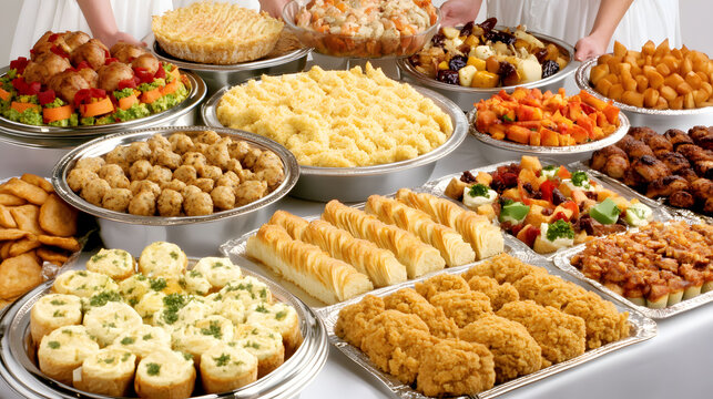 A lavish buffet table laden with a variety of delicious foods, including meatballs, pastries, roasted vegetables, and fried chicken. Perfect for catering, parties, or celebrations.