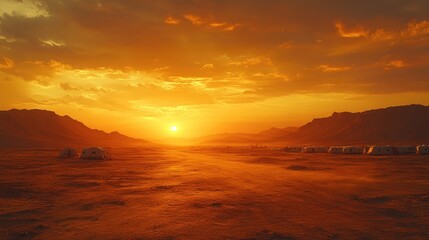 Obraz premium A Serene Desert Landscape at Sunset with Rolling Sand Dunes, Silhouetted Camels, and a Soft Pink Sky