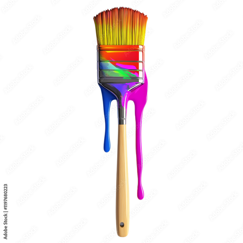 Poster a paintbrush with multicolored paint dripping from its bristles against a black background.