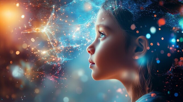 Girl's profile, illuminated, colorful particles, futuristic.