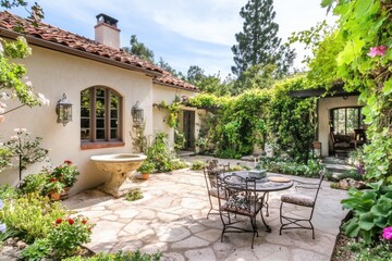 Obraz premium Cozy outdoor patio surrounded by lush greenery in a tranquil garden setting with a stone fountain and wrought iron furniture enjoying a sunny day