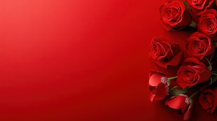A sea of vibrant red roses blooms against a matching background, creating a romantic and passionate atmosphere perfect for Valentine's Day.