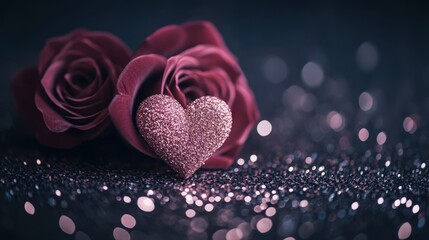 Fototapeta premium Two vibrant roses rest beside a gleaming heart, their petals glistening, symbolizing love and passion on this enchanting Valentine's Day.
