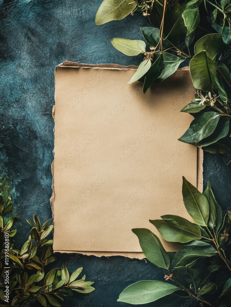 Fototapete Perfect empty space for text on a natural background with green leaves and rustic paper. Generative AI