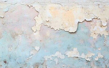 Distressed plaster wall with peeling paint and soft pastel colors, creating a vintage, worn effect.