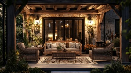 Fototapeta premium Rustic front porch with wooden beams, wicker furniture, and a patterned rug, warm lighting and a farmhouse aesthetic, generative ai