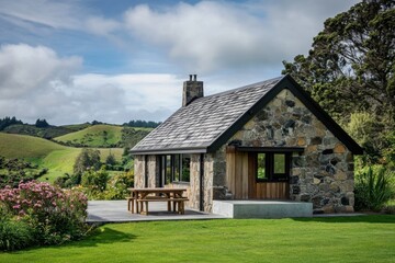 Obraz premium Cozy stone cottage surrounded by lush greenery on a bright day in the countryside, perfect for relaxation and nature appreciation