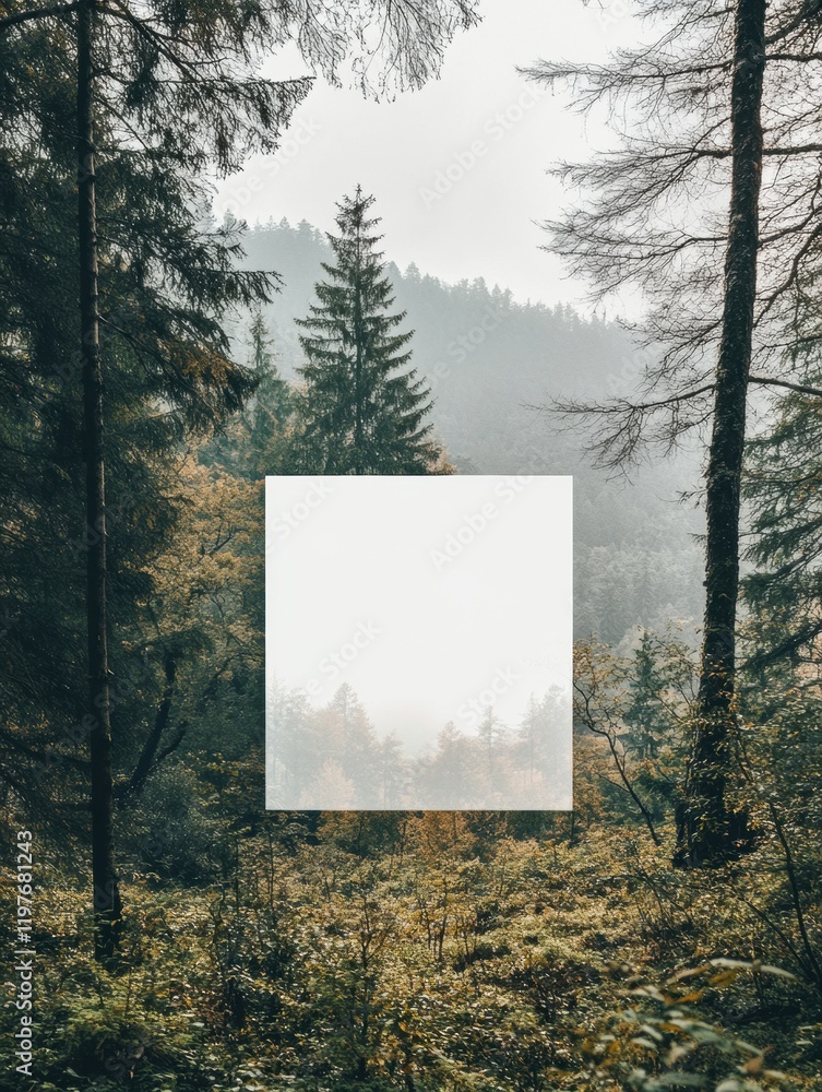 Poster Text space in a serene forest scene with fog and tall trees in early morning light. Generative AI