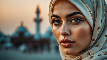 Close-up portrait of a stunning woman wearing a detailed hijab, with a serene expression and a mosque in the background at sunset.  
