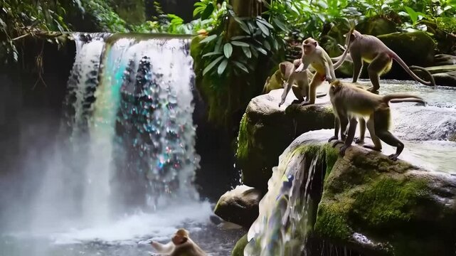 Wildlife like monkeys playing near waterfalls, capturing the beauty and energy of these natural features.
