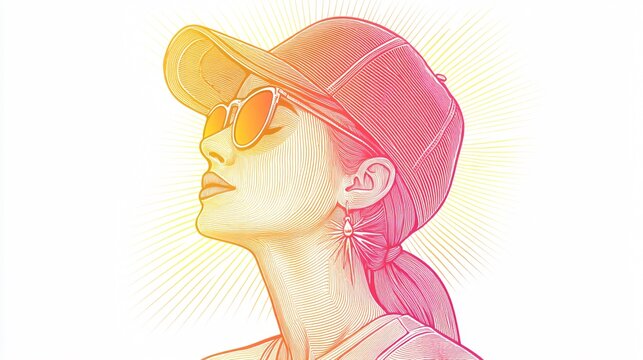 Trendy woman with cap and earrings in line art style on degrading background