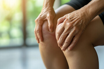 Close of of middle aged woman grabbing knees with pain