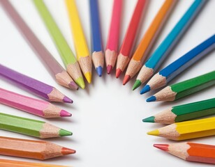 Fototapeta premium A vibrant array of colored pencils arranged in a circle on a light background.