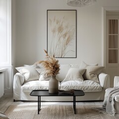 Cozy Home Interior: White Sofa, Black Coffee Table in Scandinavian Boho Living Room - Art Poster Against White Wall Background