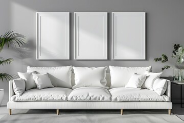 White sofa and posters, frames showcased on a fashionable gray wall in the interior design of a modern living room.