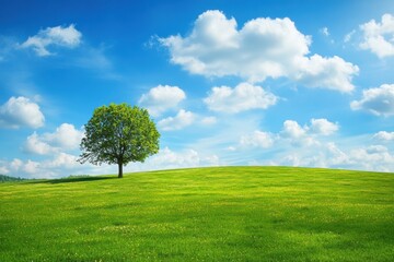 Fototapeta premium Lush green landscape under bright blue sky with fluffy clouds and solitary tree. Generative AI