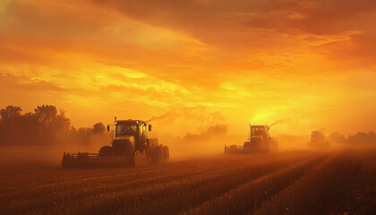 Fototapeta premium Harvest machines working during golden hour, capturing the essence of farming and agriculture -