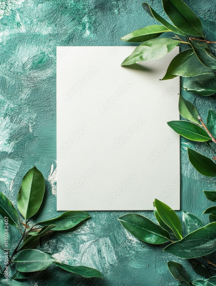 Poster creative design space with empty canvas surrounded by green leaves on textured background. generativ