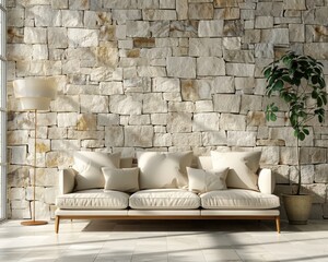 Mediterranean home interior design of a modern living room showcasing a white sofa with beige pillows and floor lamp by the window.