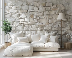 In a modern living room with Mediterranean style, a white sofa adorned with beige pillows and a floor lamp is positioned near a window.
