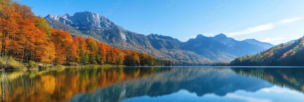 Poster vibrant autumn landscape reflecting mountains and trees in a tranquil lake during clear weather. gen