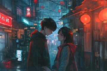 Fototapeta premium Couple in a Rainy City Night . Anime style