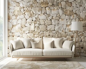Modern living room interior design in Mediterranean style featuring white sofa with beige pillows and floor lamp near window.