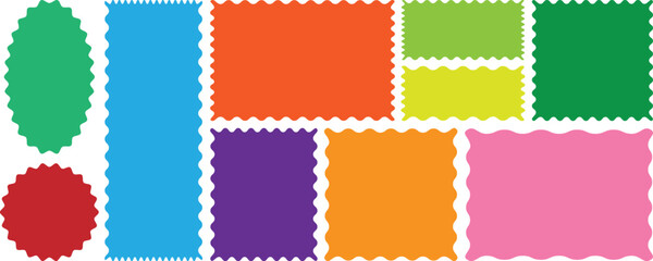 Rectangle, square and oval shape frame with zigzag edge. Set of Zigzag and colorful Shapes. Zig Zag Shapes for Stickers, banners. Colorful zigzag shapes. Set of wavy edge frame. Color squiggle frames