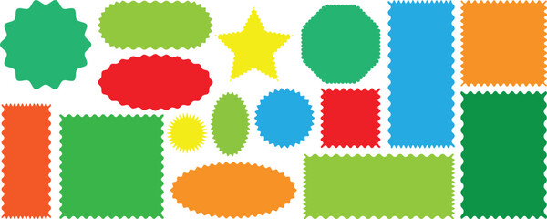 Rectangle, square and oval shape frame with zigzag edge. Color squiggle frames set. Set of Zigzag and colorful Shape. Zig Zag Shapes for Stickers, banners. Colorful zigzag shapes