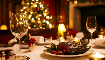 Holiday dinner setting with a perfectly cooked prime rib roast and festive decorations in the background -