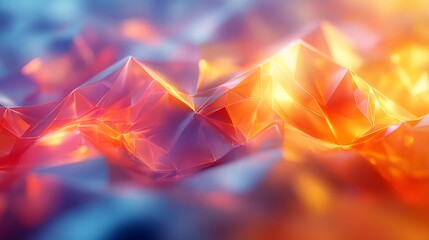 Abstract Crystal Mountain Range:  A fiery, glowing landscape of translucent polygons and vibrant hues. Digital art evoking warmth, energy, and wonder.
