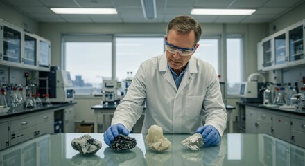 Caucasian male scientist analyzing mineral samples in modern laboratory