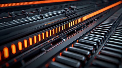 A futuristic, abstract image featuring sleek black surfaces with glowing orange accents, emphasizing depth and technology.