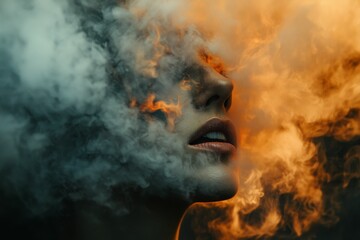 Face partially obscured by gray and orange smoke.