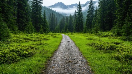Fototapeta premium Misty mountain path, green forest, nature trail, tranquil scene, travel backdrop