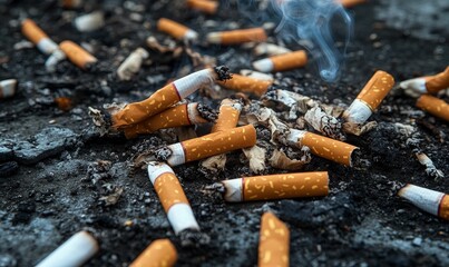 Many extinguished cigarettes, ash, smoke.