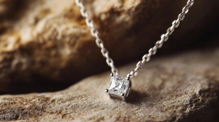 Simple chain necklace with a single princess-cut diamond pendant generative ai