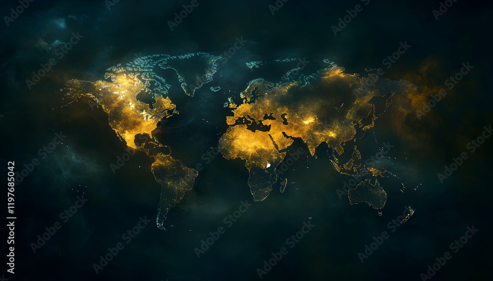 Poster illuminated world map with ethereal smoke effects, blending digital and abstract elements -
