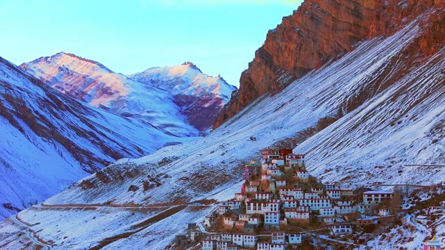 Winter Landscape view of key monmestry located on spiti valley
