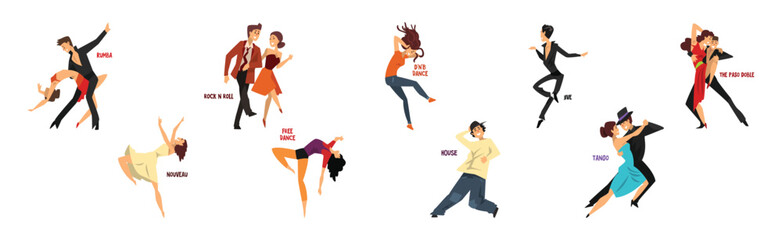 Dancing People Character Performing Different Dance Vector Set