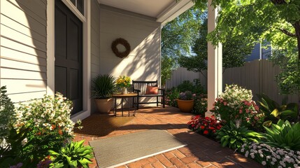 Fototapeta premium Simple front porch with doormat, small table and two chairs, surrounded by potted plants. generative ai