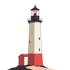 A stylized illustration depicts a tall lighthouse with a smaller attached building situated on a rocky outcrop.