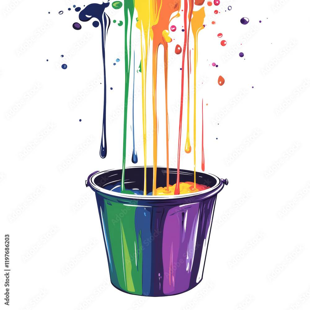 Poster a stylized illustration depicts vibrant rainbow paint dripping into a similarly colored bucket, crea