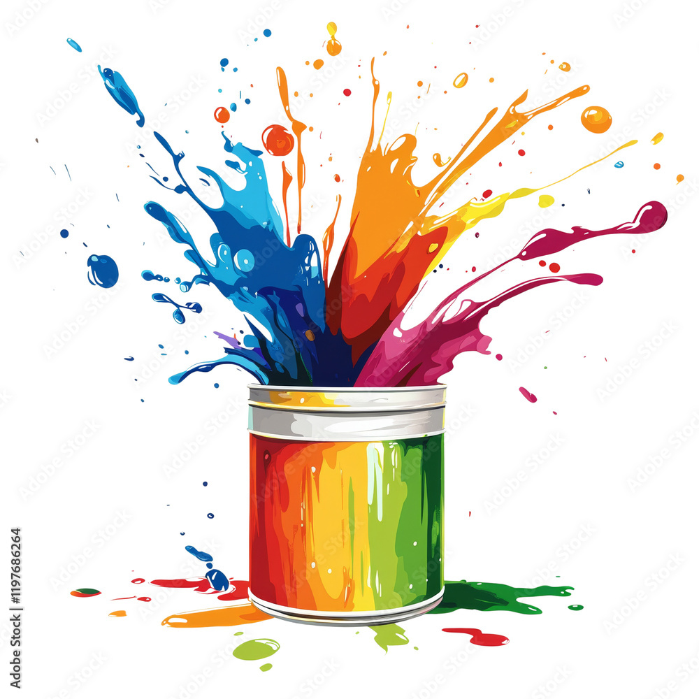 Poster A paint can with multiple vibrant paint colors exploding outwards in a dynamic and artistic splash.