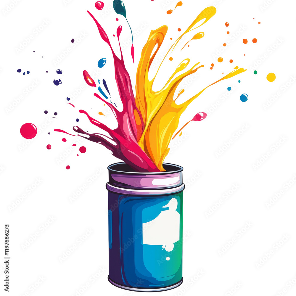 Poster A vibrant illustration depicts a paint can with multicolored paint splashing dynamically from it.