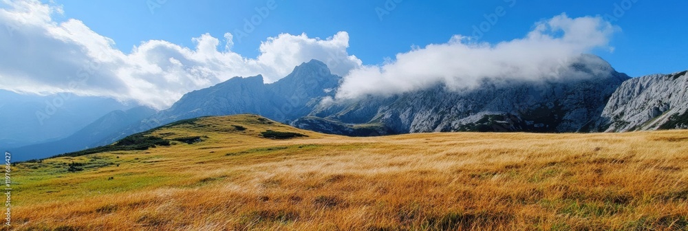 Aufkleber serene mountain landscape with grassy fields and dramatic clouds under a clear blue sky. generative 